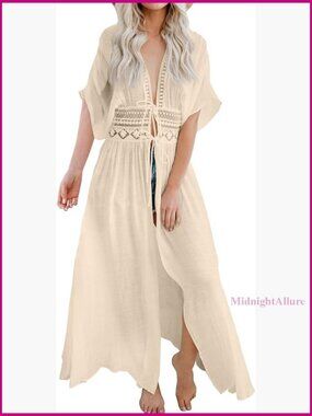 Long Lace Kimono Cover Up Sheer Bikini Beachwear Tie Front Swimsuit